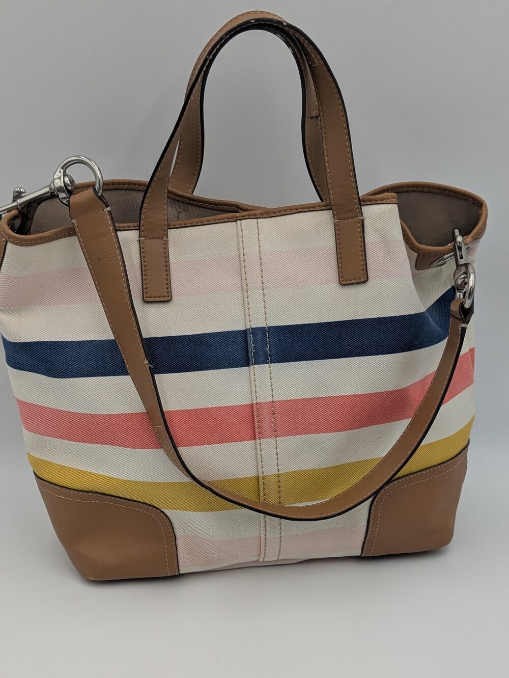Coach F60044 Striped Canvas Leather Tote Shoulder Bag Multicolor